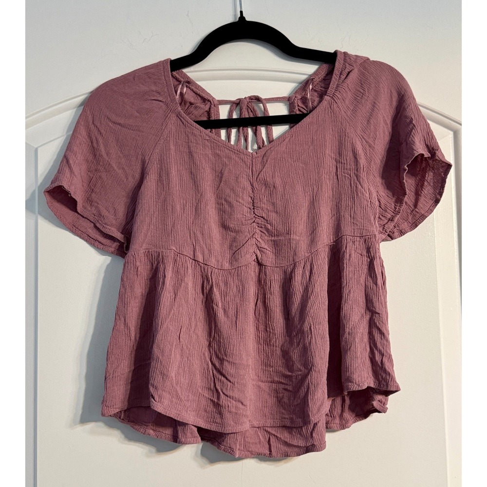 Hippie Rose Peplum Top Small Mauve Ruched Tie Back Boho Cottagecore Whimsical